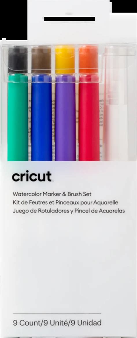 2009979 - Cricut Watercolor Markers 9pc; 8 Watercolor Markers (1.0 mm) in Green, Blue, Purple, Red, Black, Brown, Yellow, Orange; 1 Water Brush (4.0 mm); Create freehand watercolor effects with included Water Brush; For best results, use with 140 lb (300 gsm) Cricut® Watercolor Cards or watercolor paper; For Cricut Explore® and Cricut Maker® cutting machines; Water-based, acid-free, nontoxic; conforms to ASTM D-4236